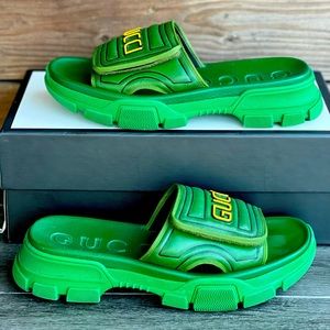 Gucci Men's Green Leather Platform Slip On Sandal Slides US 10 / UK 9